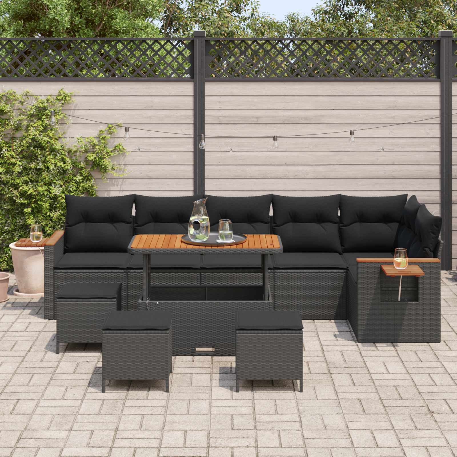 Tuinbankenset 10 pcs Zwart Poly rattan en gepoedercoat staal