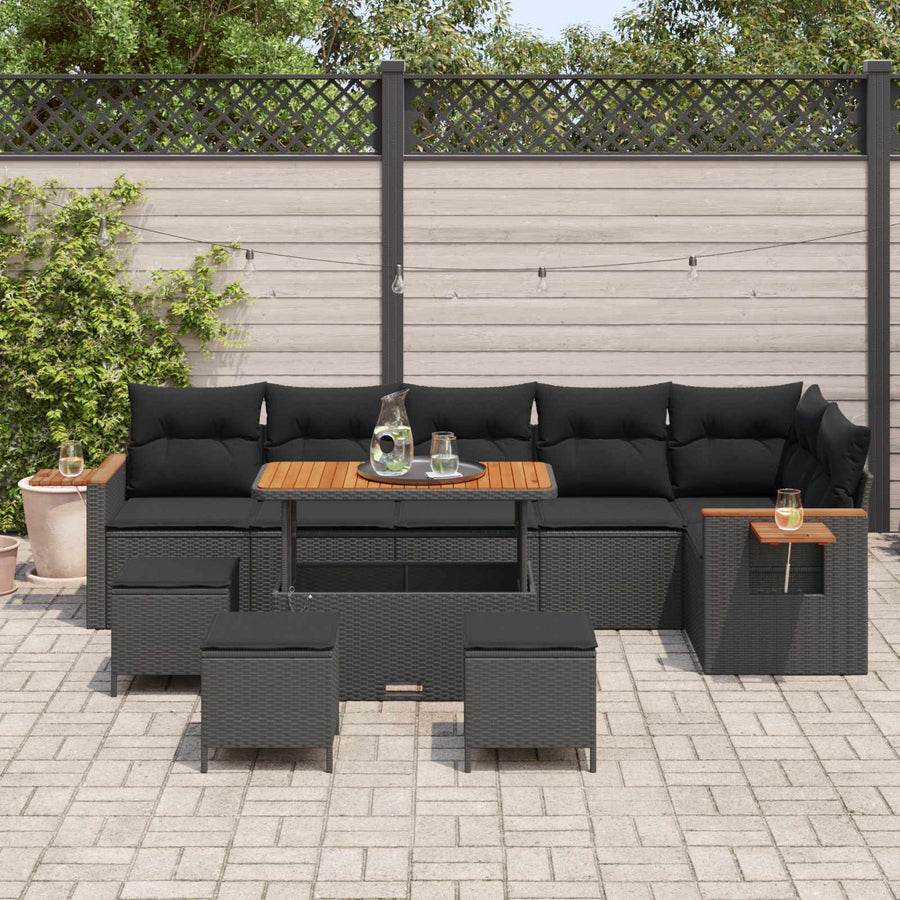 Tuinbankenset 10 pcs Zwart Poly rattan en gepoedercoat staal