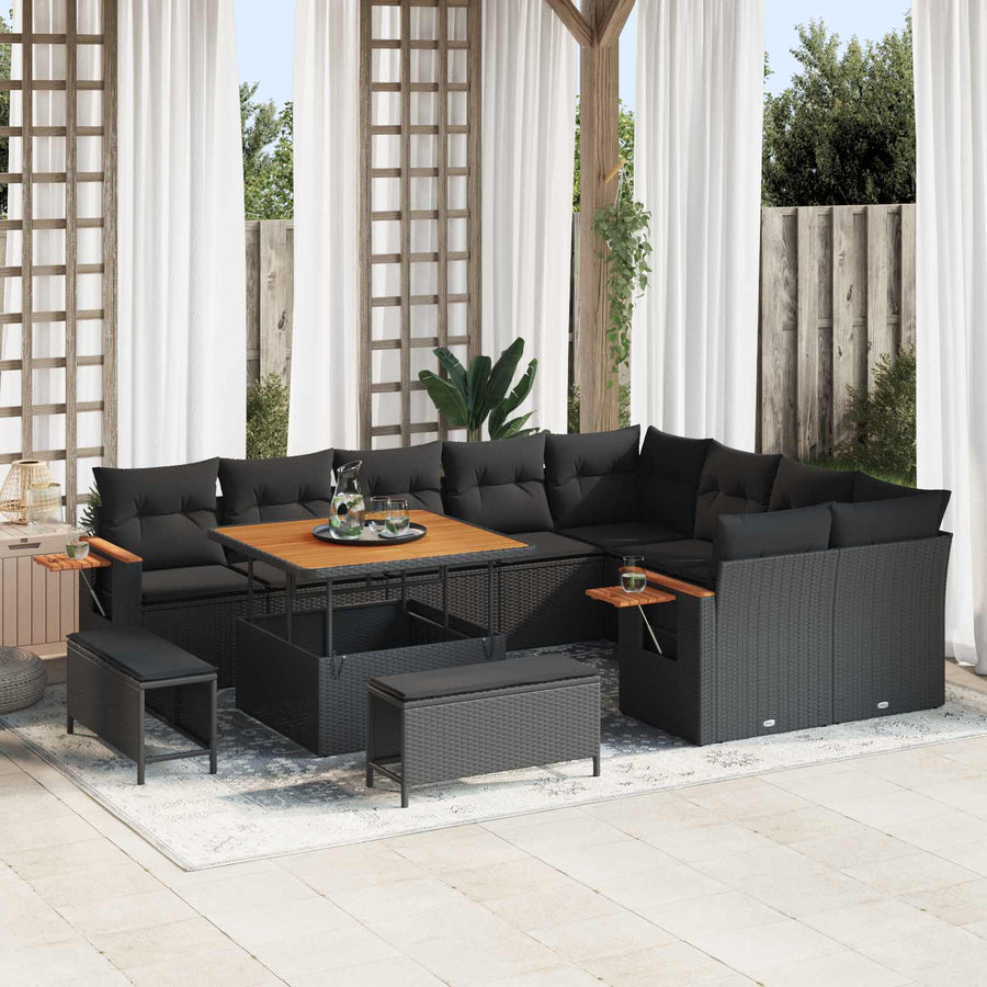 Tuinbankenset 12 pcs Zwart Poly rattan en gepoedercoat staal