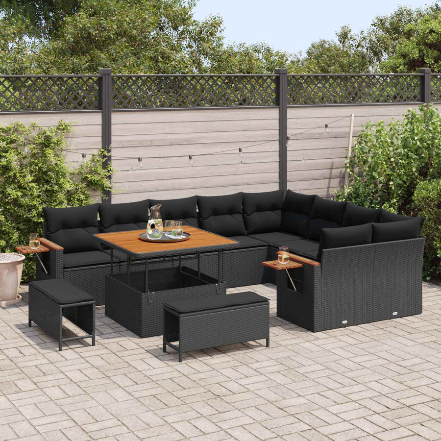 Tuinbankenset 12 pcs Zwart Poly rattan en gepoedercoat staal