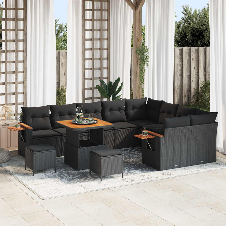 Tuinbankenset 12 pcs Zwart Poly rattan en gepoedercoat staal