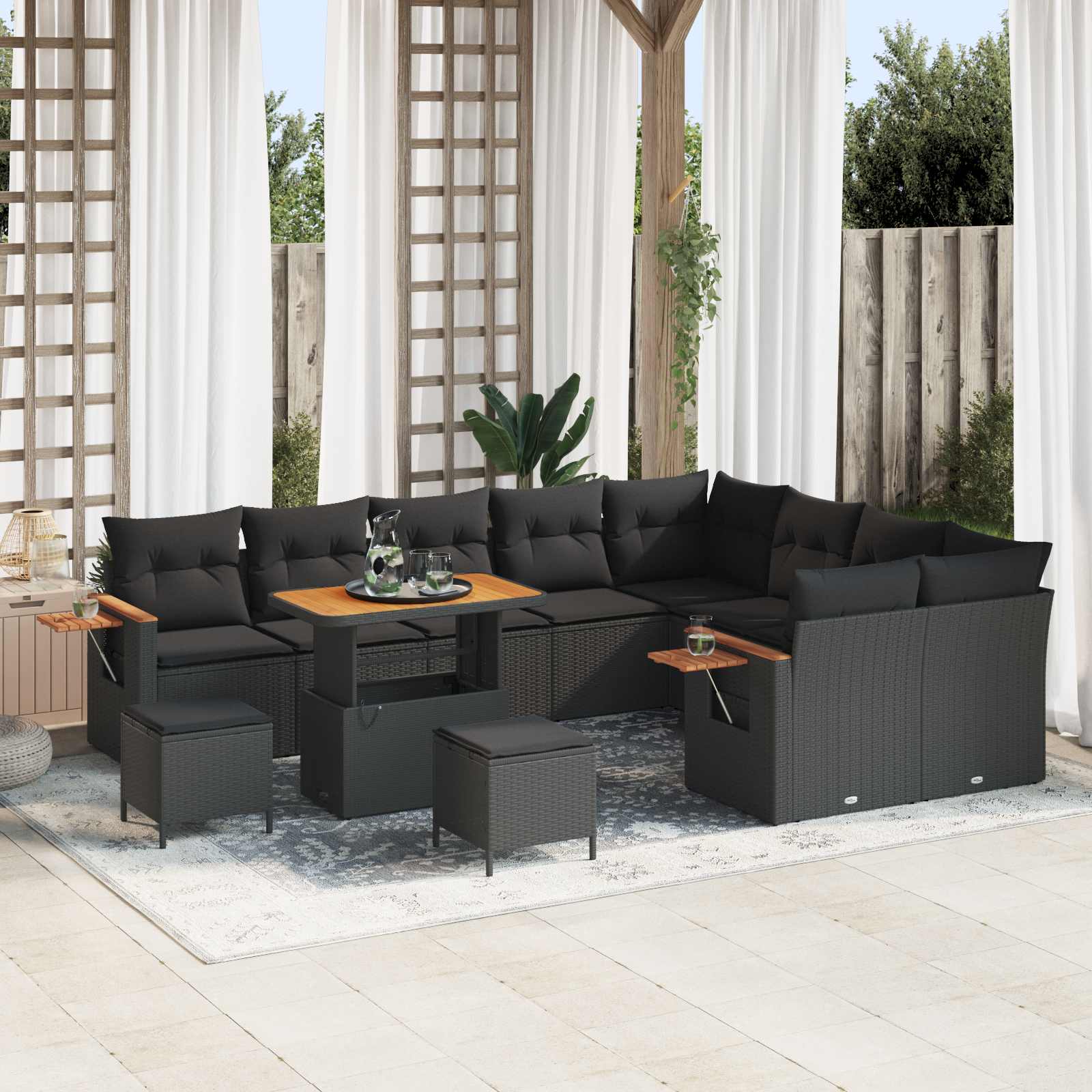 Tuinbankenset 12 pcs Zwart Poly rattan en gepoedercoat staal