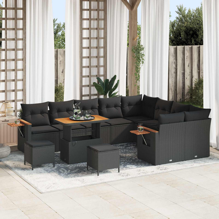 Tuinbankenset 12 pcs Zwart Poly rattan en gepoedercoat staal