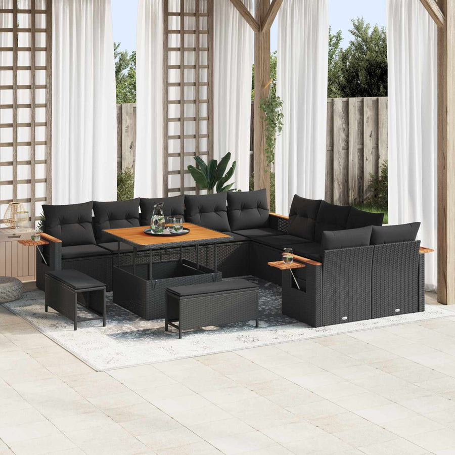 Tuinbankenset 13 pcs Zwart Poly rattan en gepoedercoat staal