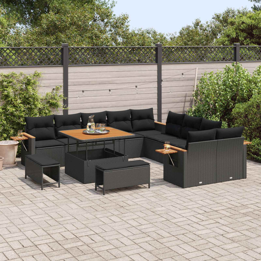 Tuinbankenset 13 pcs Zwart Poly rattan en gepoedercoat staal