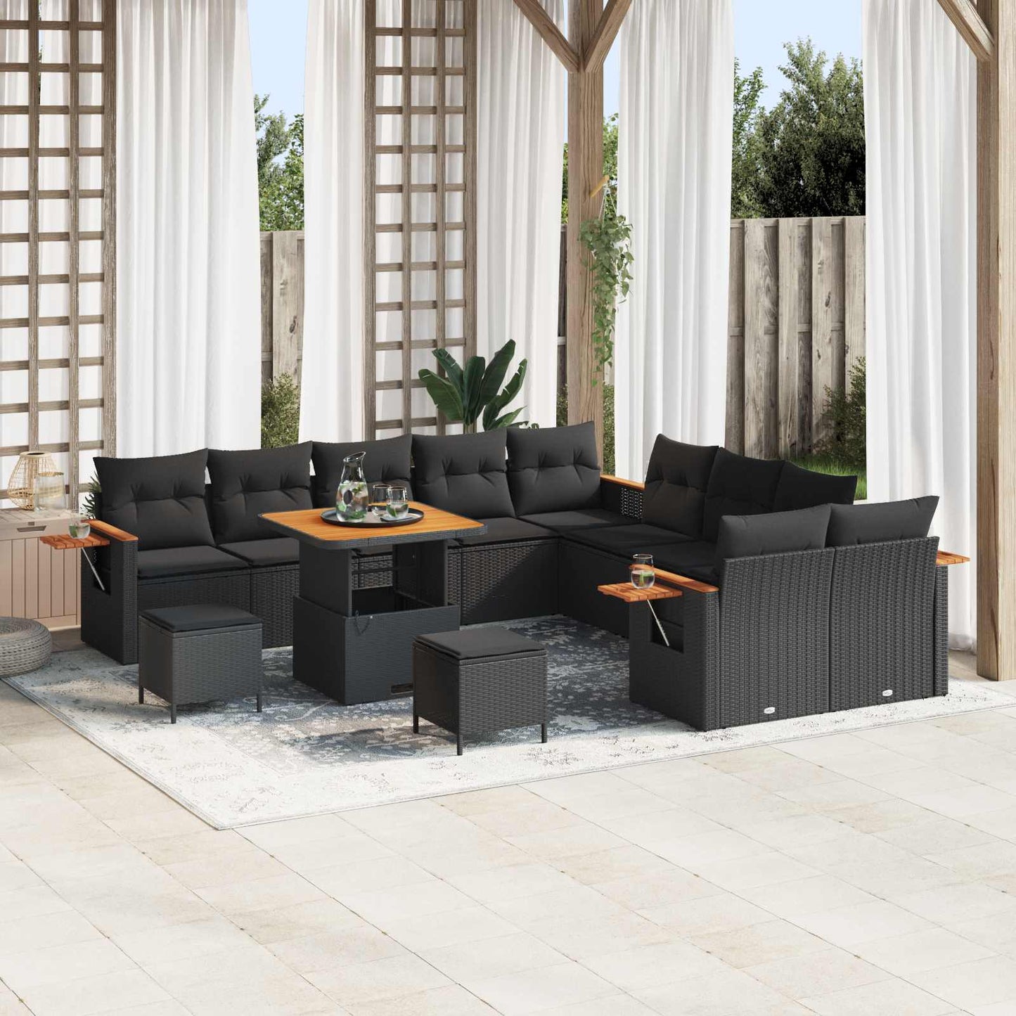 Tuinbankenset 13 pcs Zwart Poly rattan en gepoedercoat staal