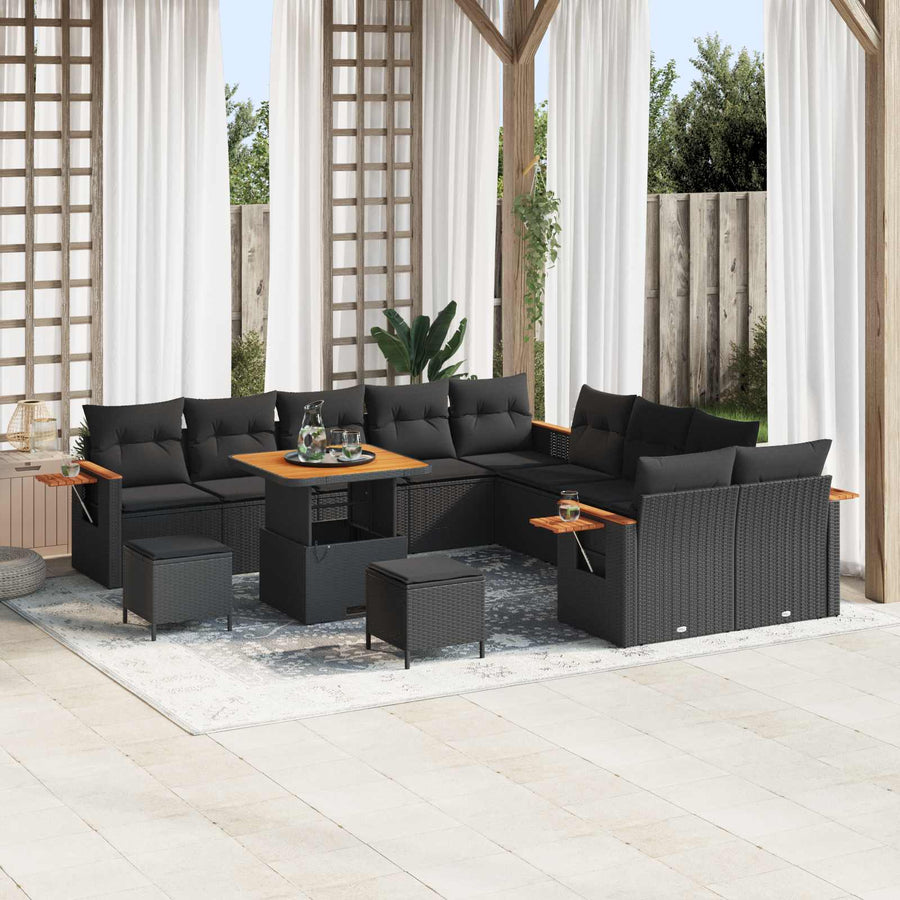 Tuinbankenset 13 pcs Zwart Poly rattan en gepoedercoat staal