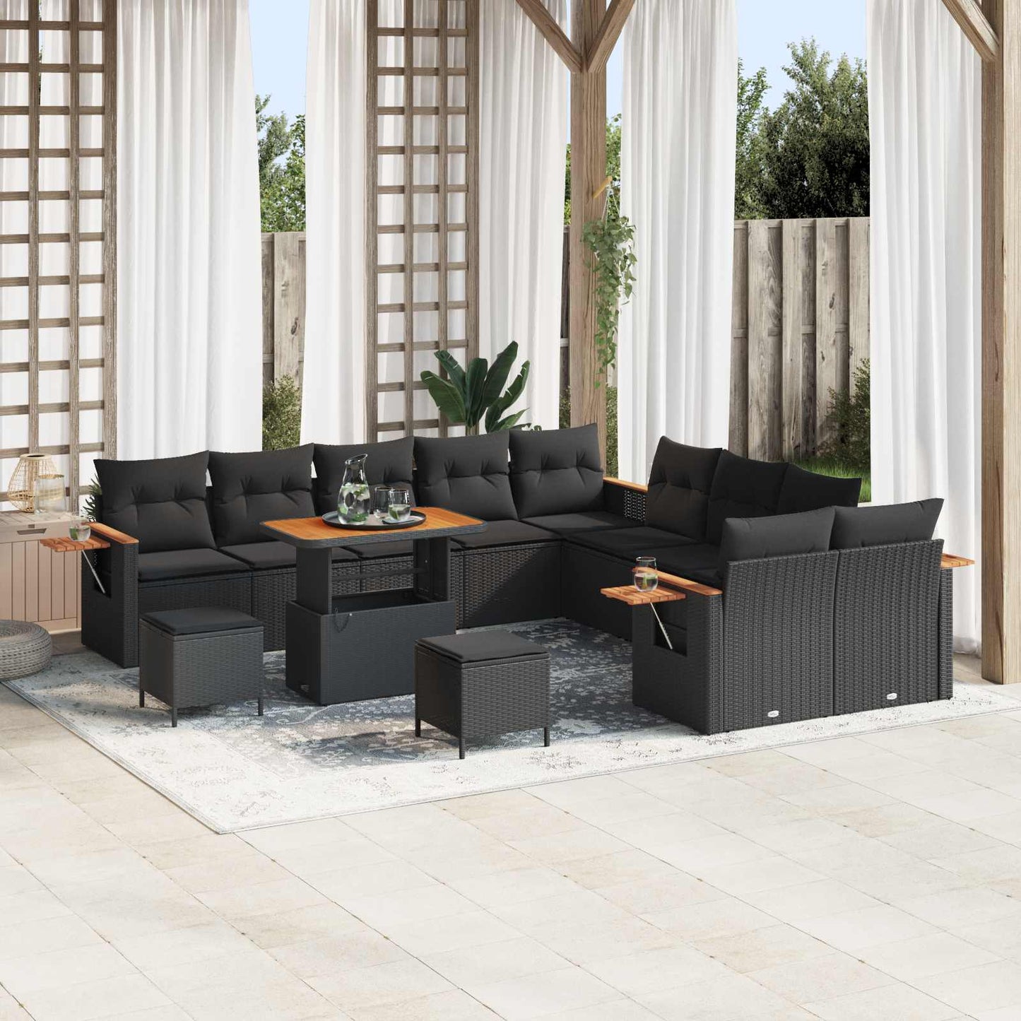Tuinbankenset 13 pcs Zwart Poly rattan en gepoedercoat staal