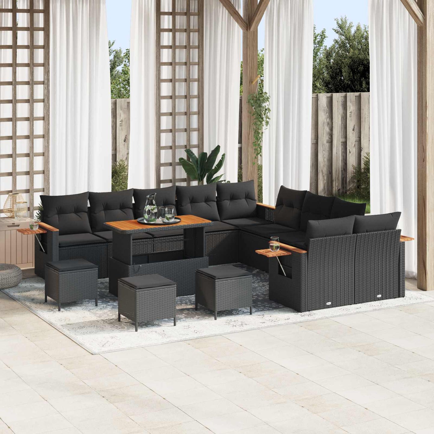 Tuinbankenset 14 pcs Zwart Poly rattan en gepoedercoat staal