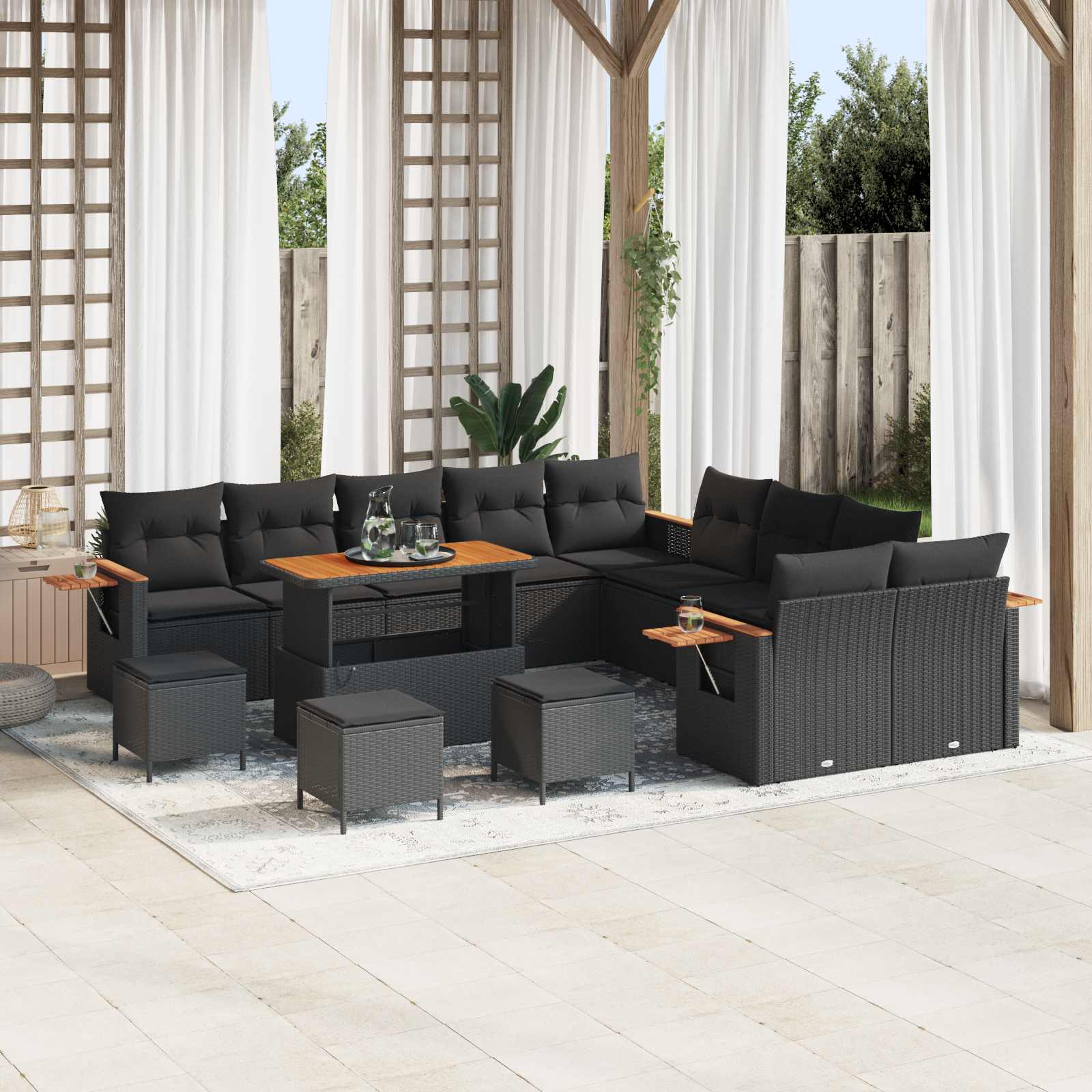 Tuinbankenset 14 pcs Zwart Poly rattan en gepoedercoat staal