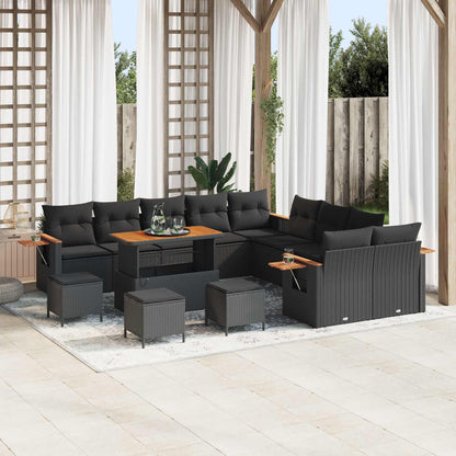 Tuinbankenset 14 pcs Zwart Poly rattan en gepoedercoat staal
