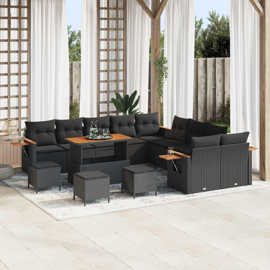 Tuinbankenset 14 pcs Zwart Poly rattan en gepoedercoat staal