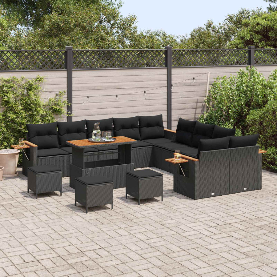 Tuinbankenset 14 pcs Zwart Poly rattan en gepoedercoat staal