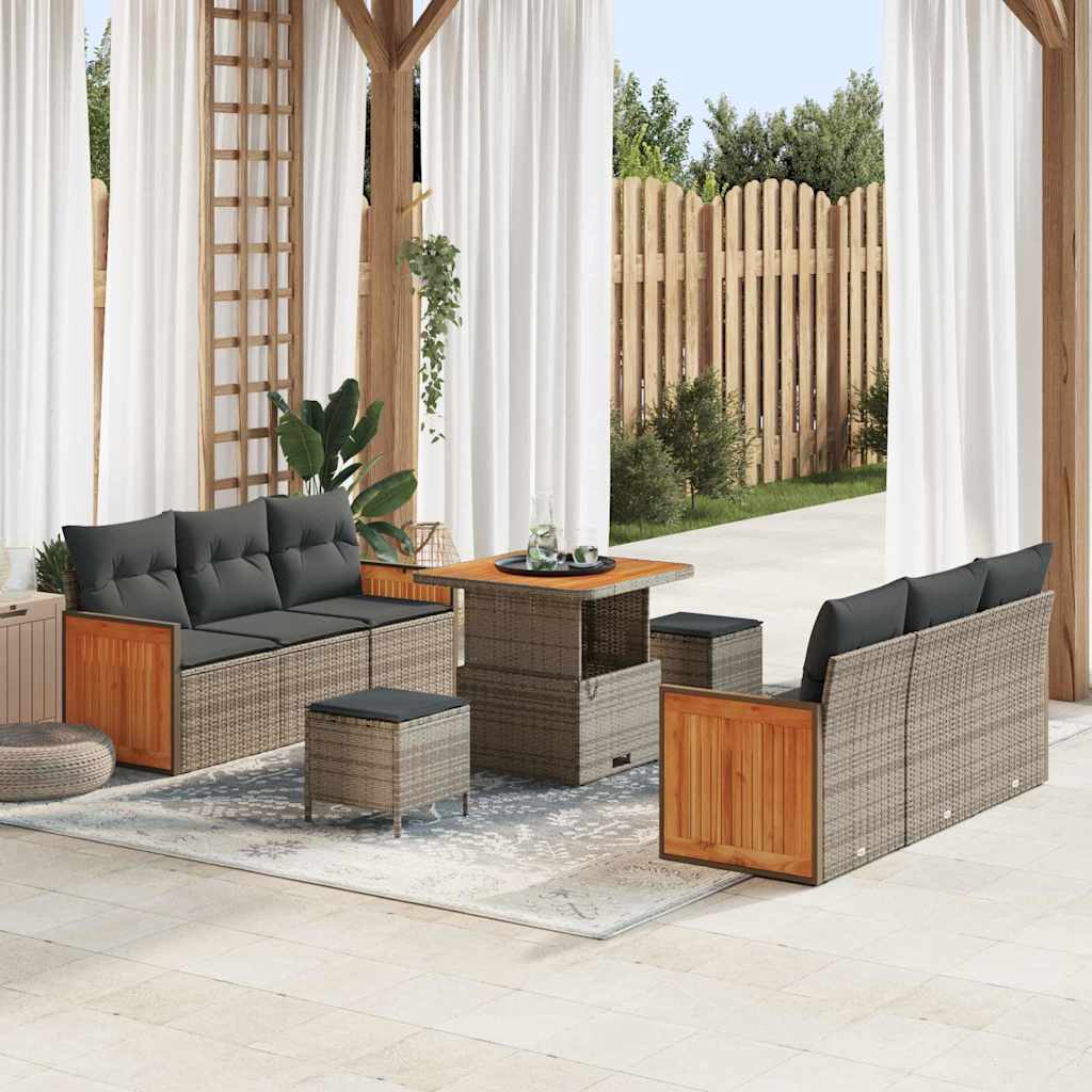 Tuinbankenset 9 pcs Grijs Poly Riet en Poedercoated Staal