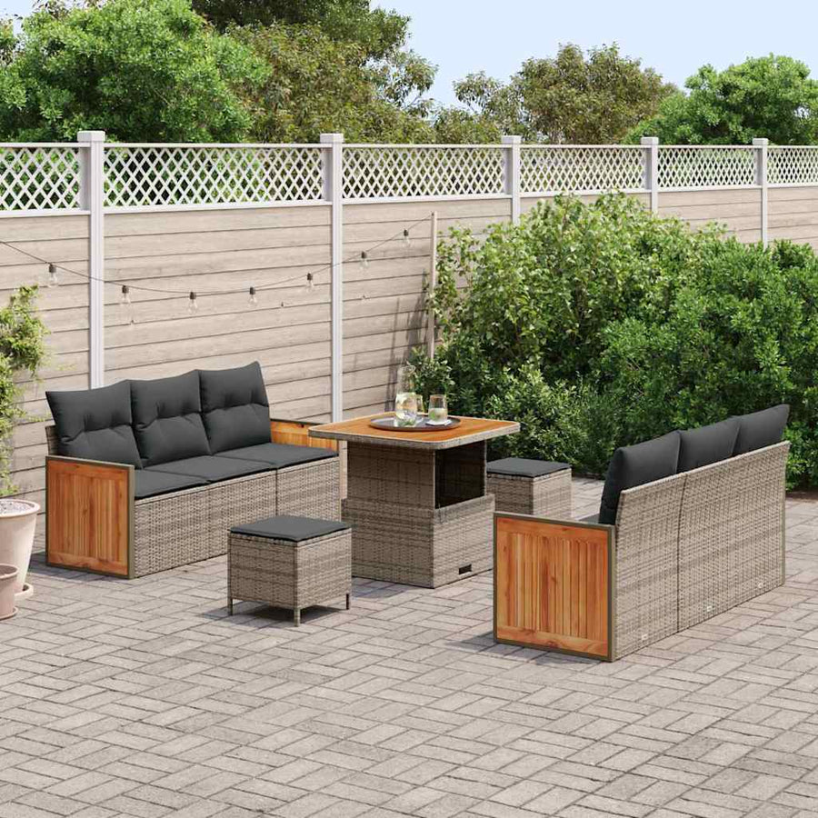 Tuinbankenset 9 pcs Grijs Poly Riet en Poedercoated Staal