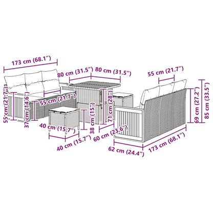 Tuinbankenset 9 pcs Grijs Poly Riet en Poedercoated Staal