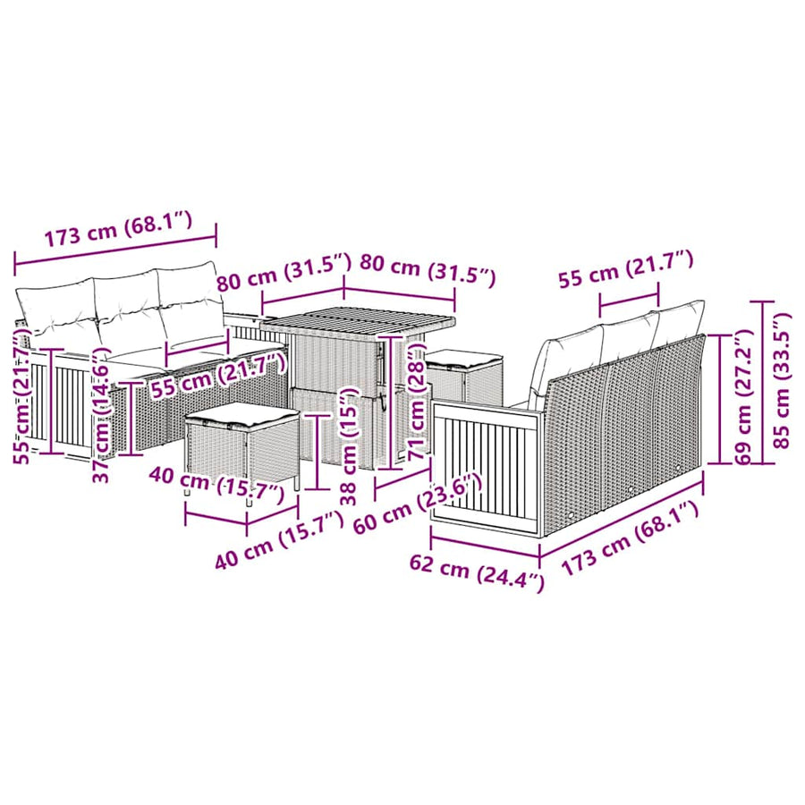 Tuinbankenset 9 pcs Grijs Poly Riet en Poedercoated Staal