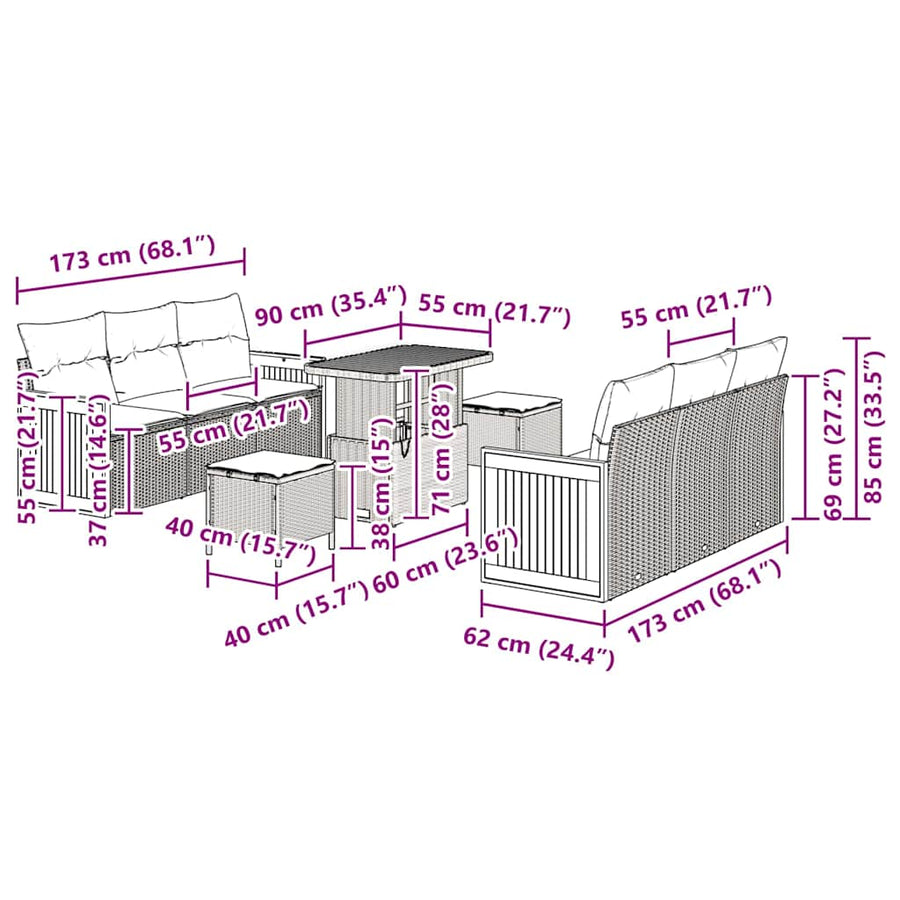 Tuinbankenset met kussen 9 pcs Zwart en Crème
