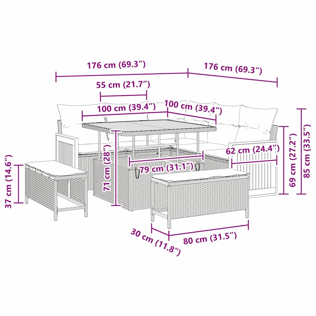 Tuinbankenset met kussen 8 pcs Zwart en Crème