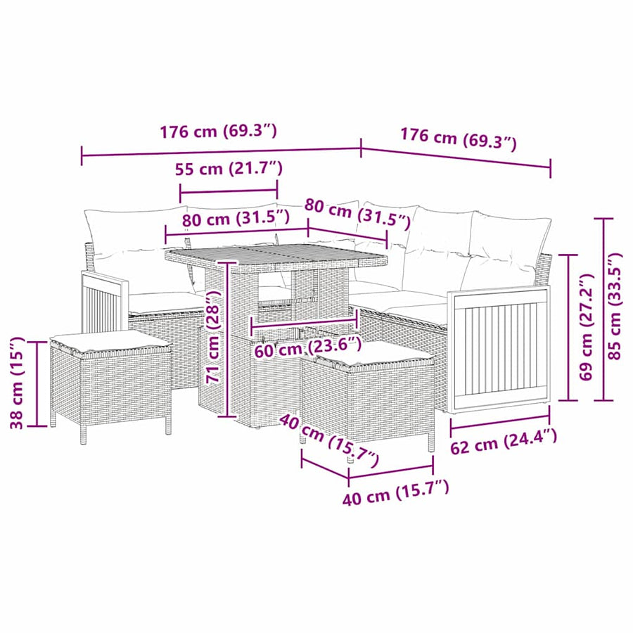 Tuinbankenset met kussen 8 pcs Zwart en Crème