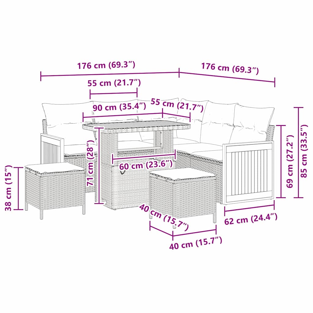 Tuinbankenset met kussen 8 pcs Zwart en Crème