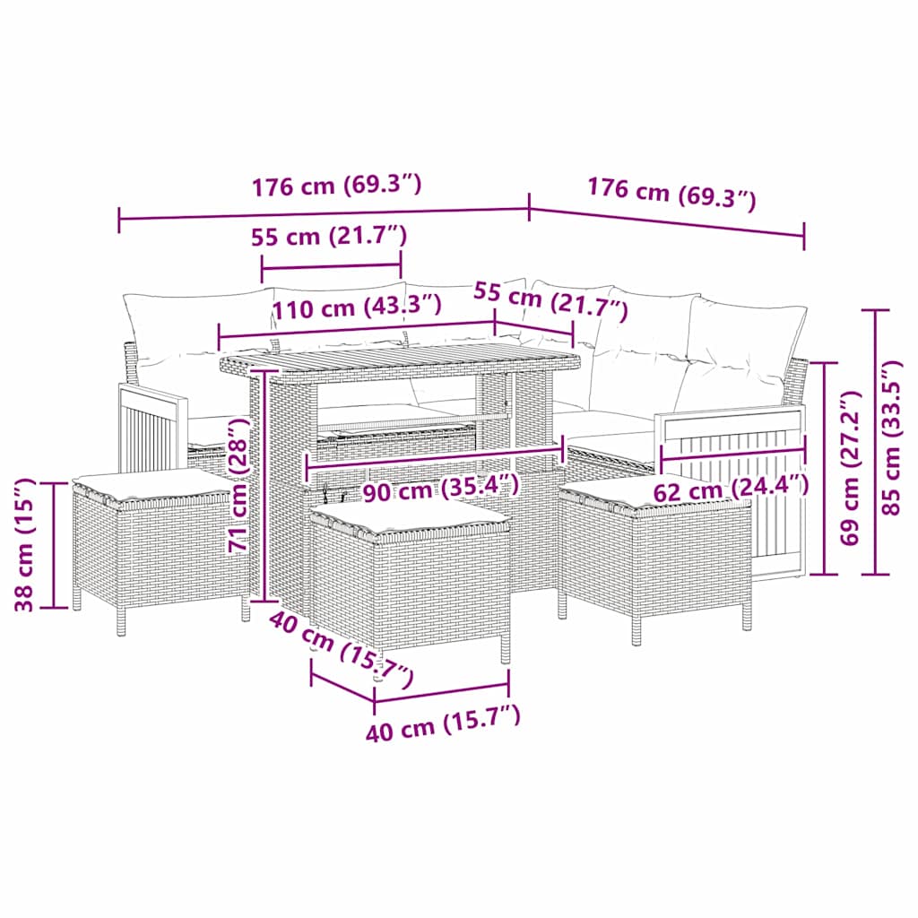 Tuinbankenset met kussen 9 pcs Zwart en Crème