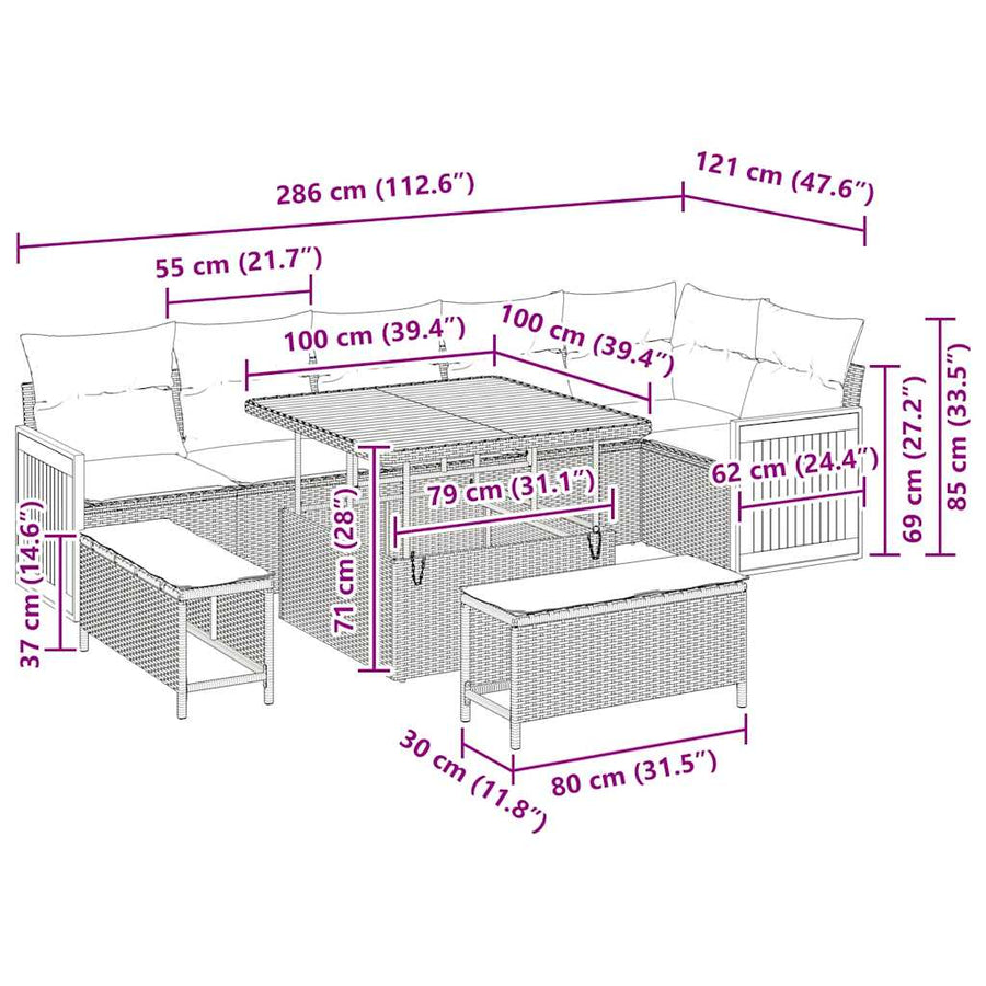 Tuinbankenset met kussen 9 pcs Beige en Licht Grijs