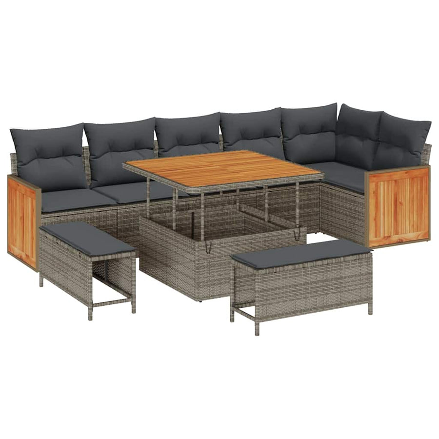 Tuinbankenset 9 pcs Grijs Poly Riet en Poedercoated Staal