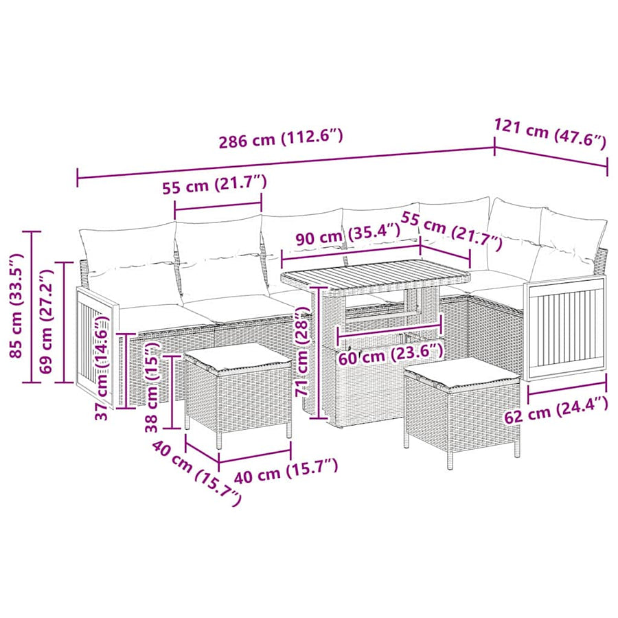 Tuinbankenset met kussen 9 pcs Zwart en Crème
