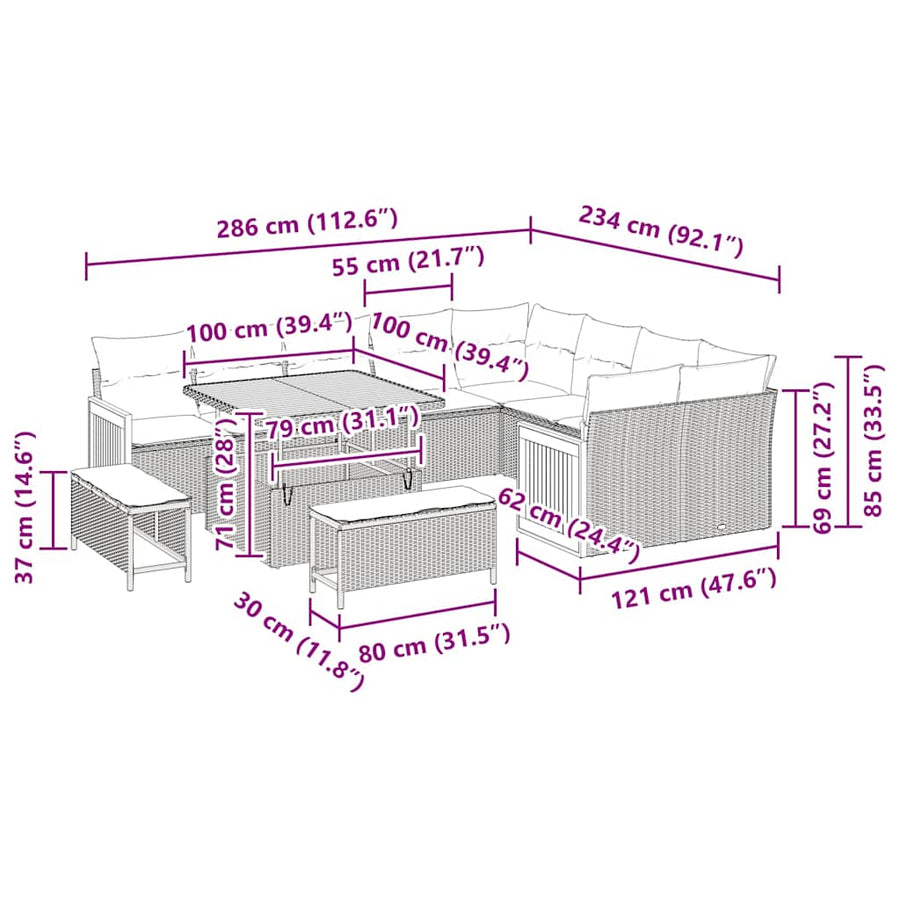 Tuinbankenset met kussen 12 pcs Beige en Licht Grijs