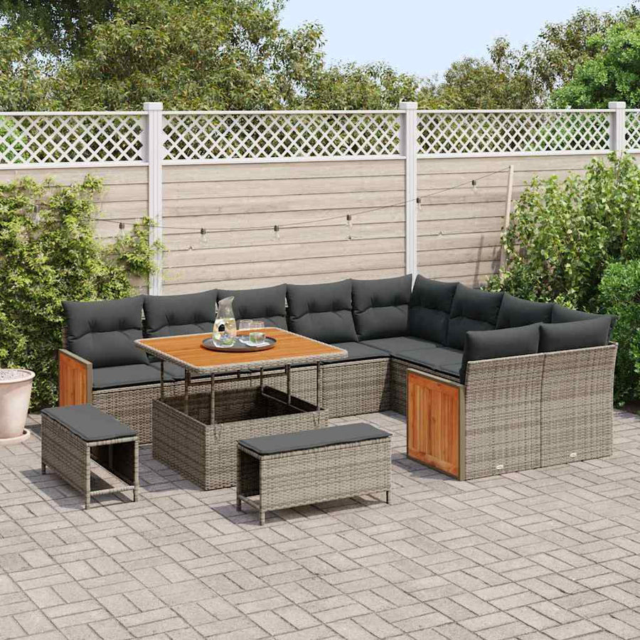 Tuinbankenset 12 pcs Grijs Poly Riet en Poedercoated Staal
