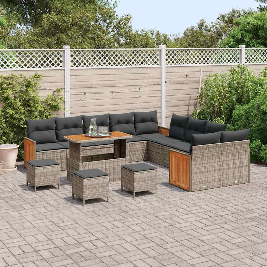 Tuinbankenset 14 pcs Grijs Poly Riet en Poedercoated Staal