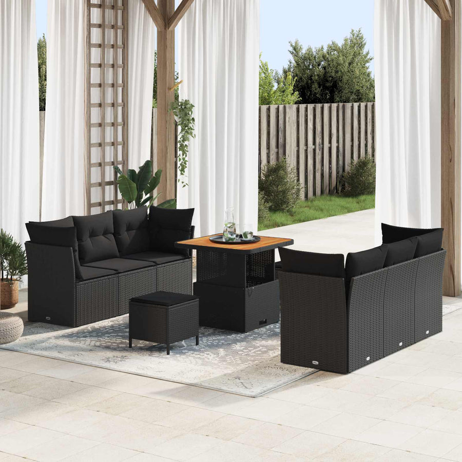 Tuin Sofa Set met kussen 9 pcs Zwart poly rattan