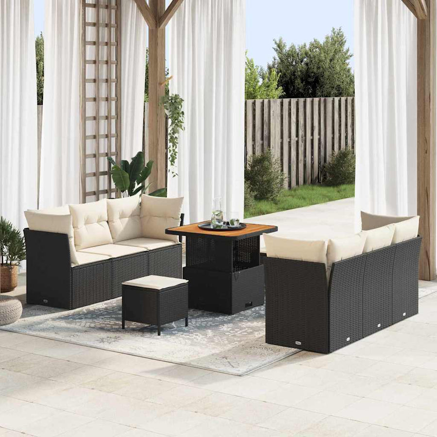 Tuin Sofa Set met kussen 9 pcs Zwart en Crème poly rattan