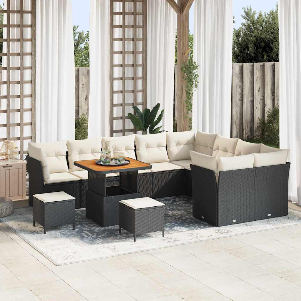 12-Delige Tuinbank Set Met Kussens In Poly Riet En Acacia. 80 cm tafellengte Zwart en crèmewit