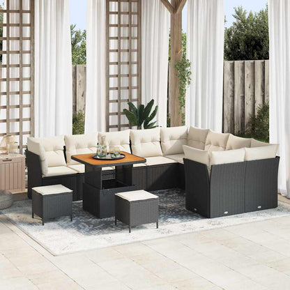 12-Delige Tuinbank Set Met Kussens In Poly Riet En Acacia. 80 cm tafellengte Zwart en crèmewit