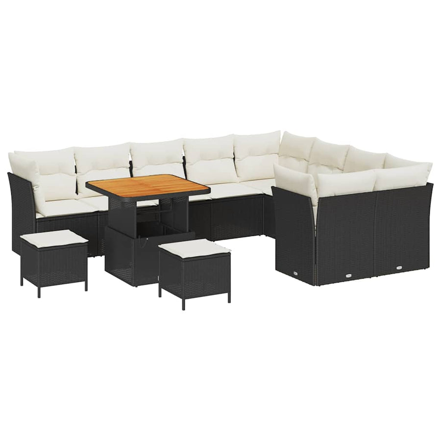 12-Delige Tuinbank Set Met Kussens In Poly Riet En Acacia. 80 cm tafellengte Zwart en crèmewit