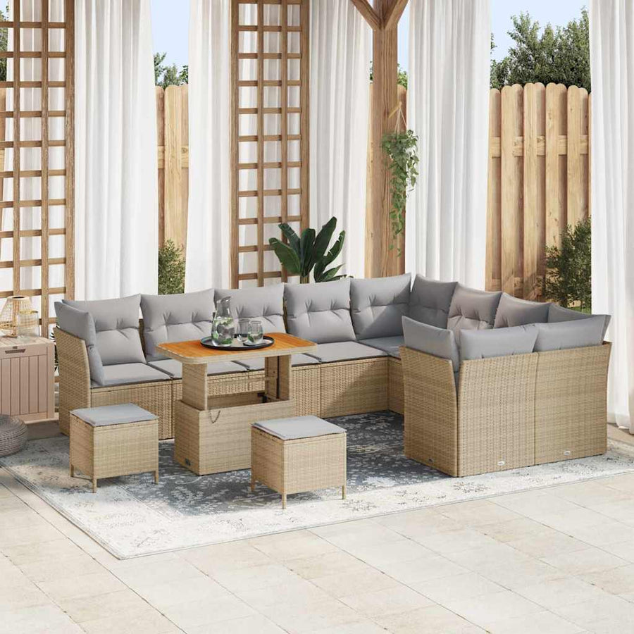 12-Delige Tuinbankset Met Kussens, Poly Rattan En Acacia. 90 cm tafellengte beige en lichtgrijs