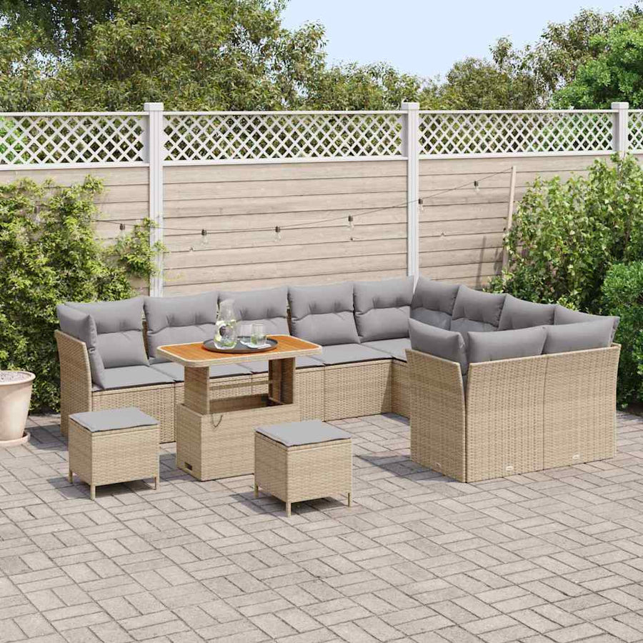 12-Delige Tuinbankset Met Kussens, Poly Rattan En Acacia. 90 cm tafellengte beige en lichtgrijs