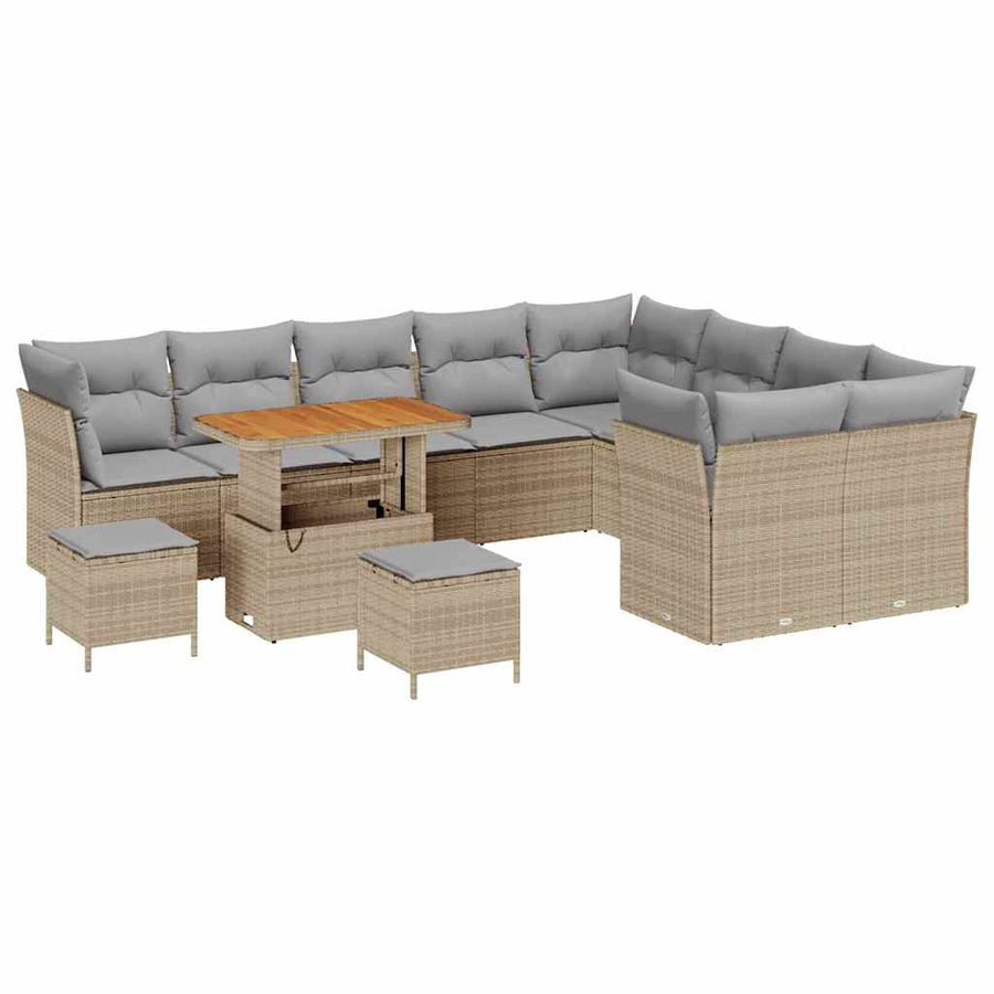 12-Delige Tuinbankset Met Kussens, Poly Rattan En Acacia. 90 cm tafellengte beige en lichtgrijs