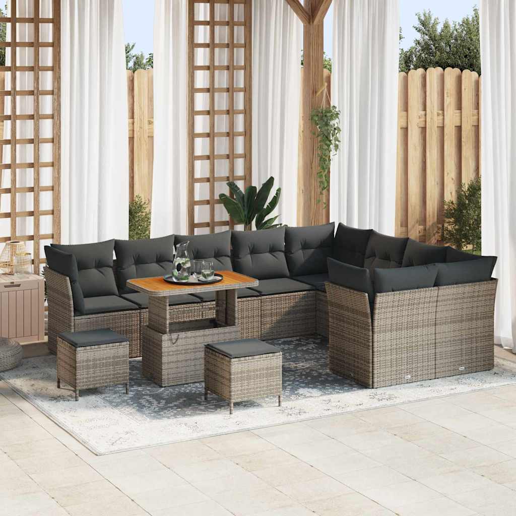 12-Delige Tuinbankset Met Kussens In Poly Rattan En Acacia 90 cm tafellengte Grijs