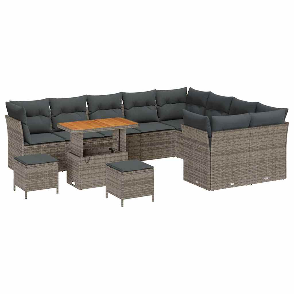 12-Delige Tuinbankset Met Kussens In Poly Rattan En Acacia 90 cm tafellengte Grijs