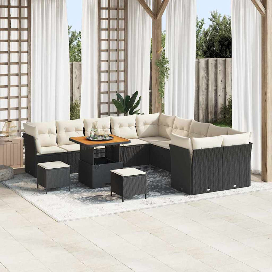 Tuin Sofa Set met kussen 13 pcs Zwart en Crème poly rattan