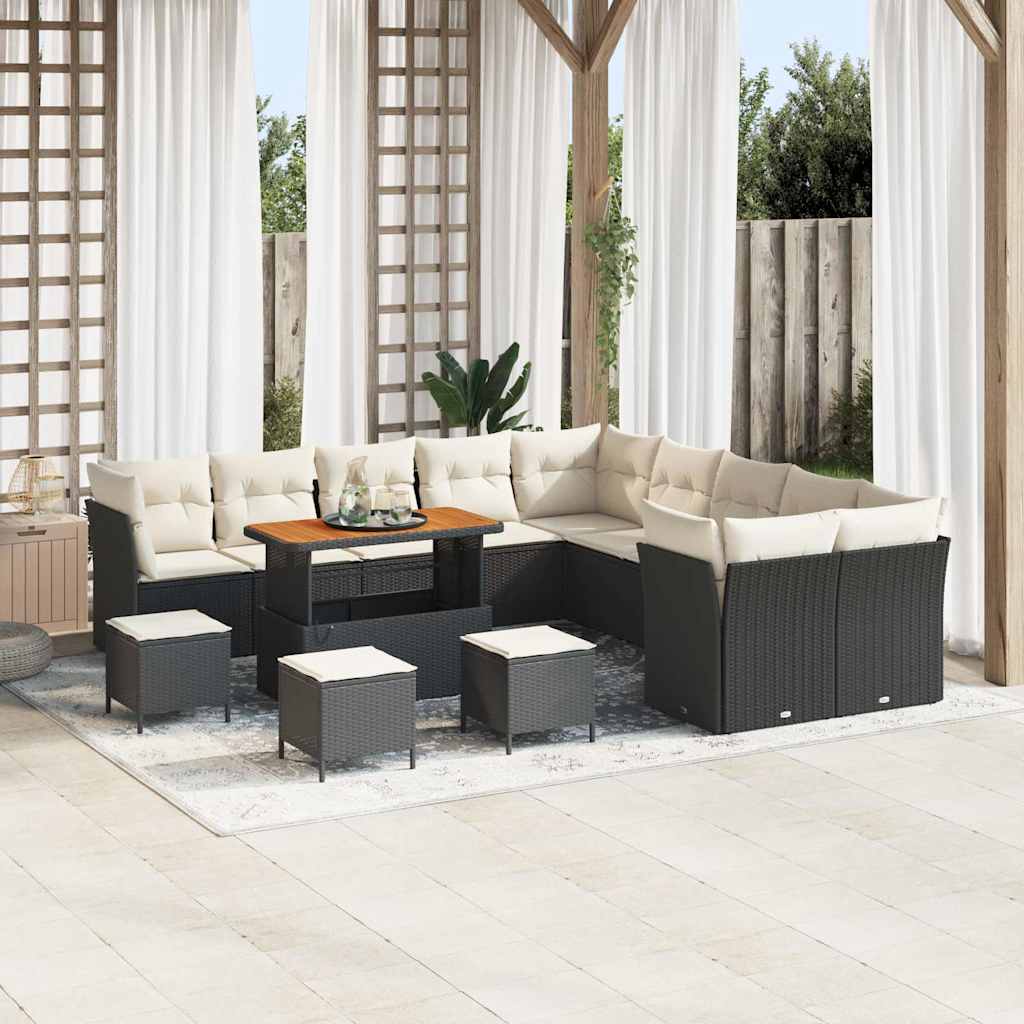 Tuin Sofa Set met kussen 14 pcs Zwart en Crème poly rattan