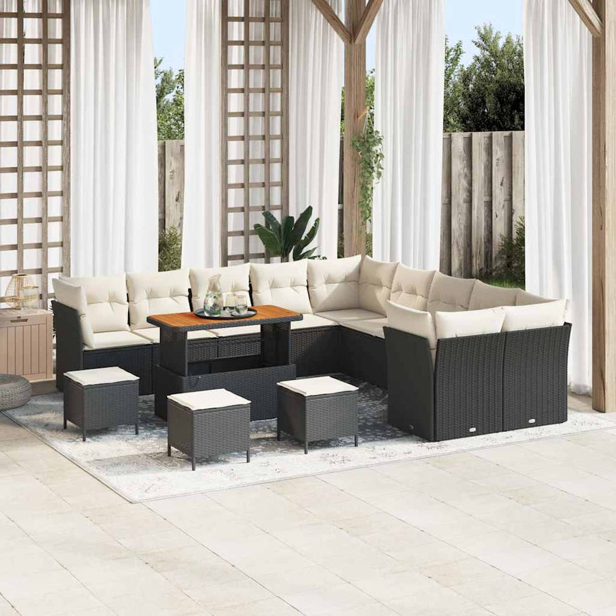 Tuin Sofa Set met kussen 14 pcs Zwart en Crème poly rattan