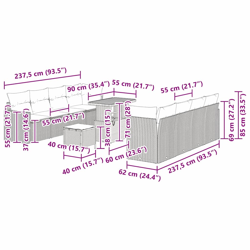 Tuinbankenset met kussen 12 pcs Zwart en Crème poly rattan
