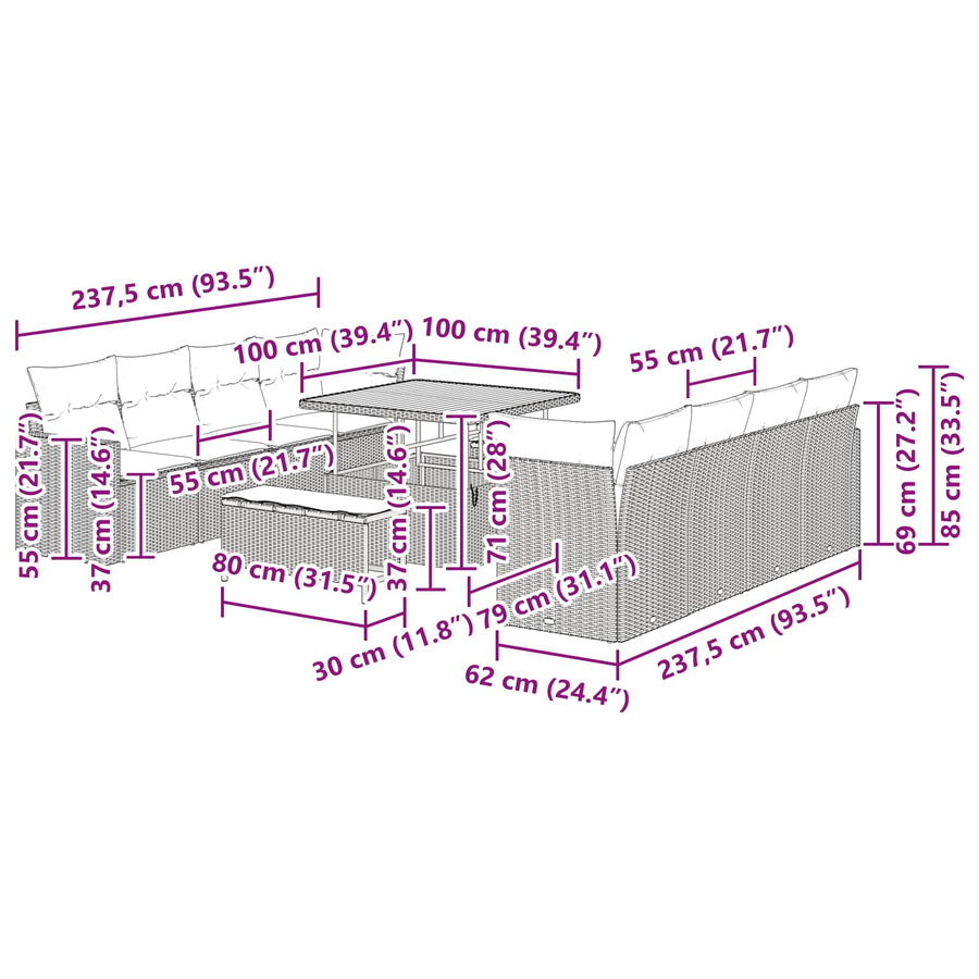 Tuinbankenset met kussen 12 pcs Zwart poly rattan