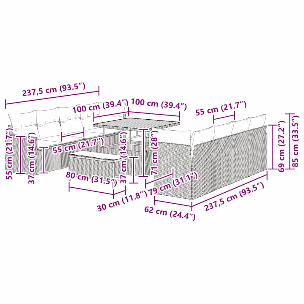 Tuinbankenset met kussen 12 pcs Zwart en Crème poly rattan