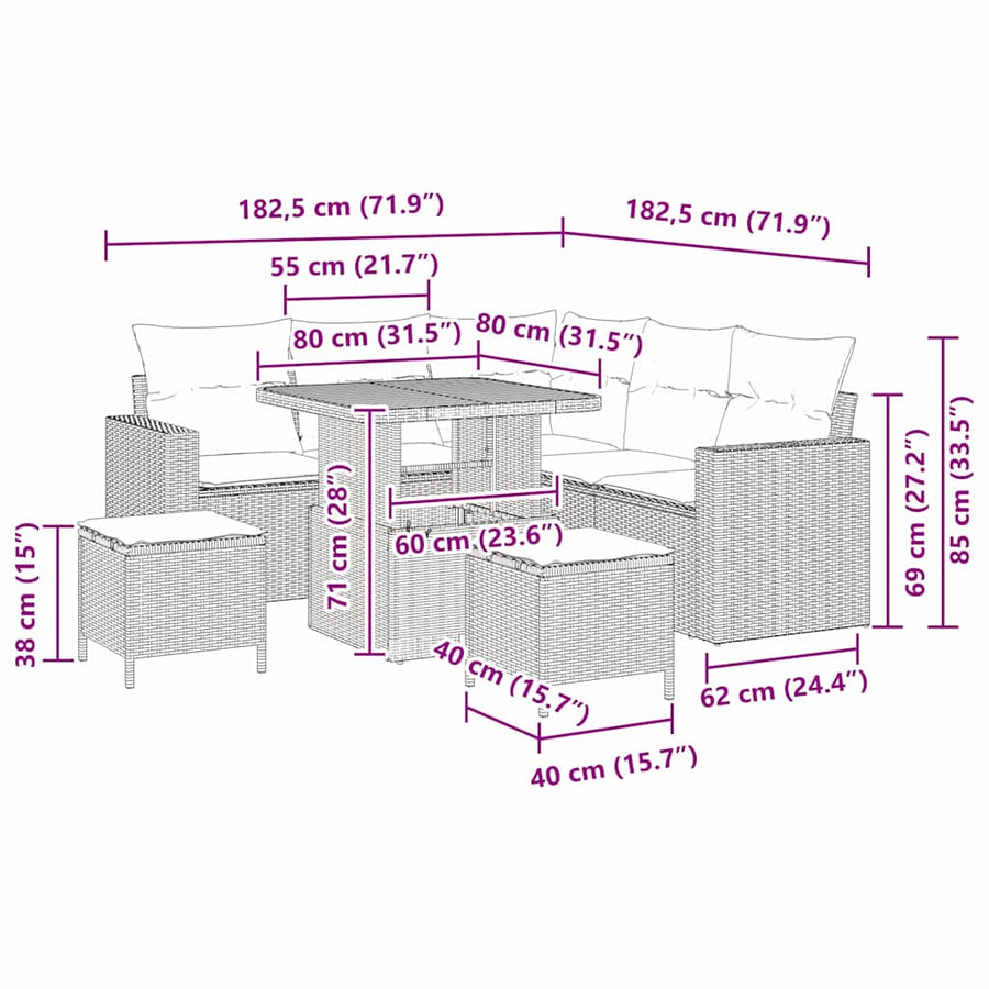Tuinbankenset met kussen 9 pcs Grijs poly rattan