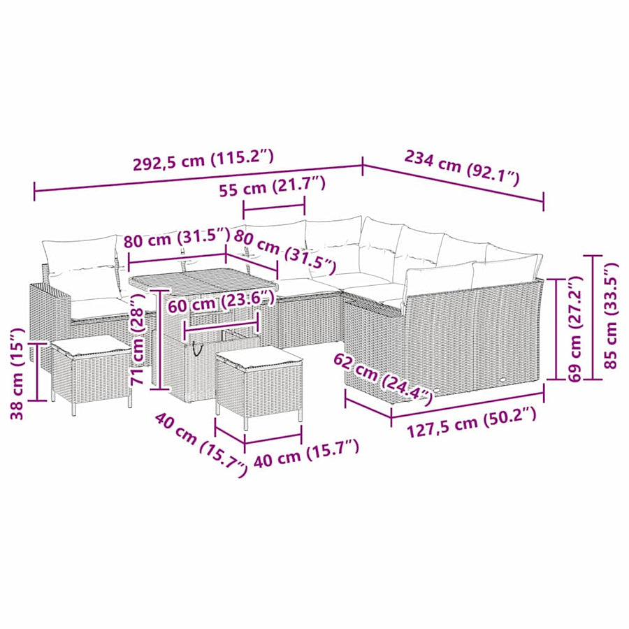 Tuinbankenset met kussen 13 pcs Zwart en Crème poly rattan